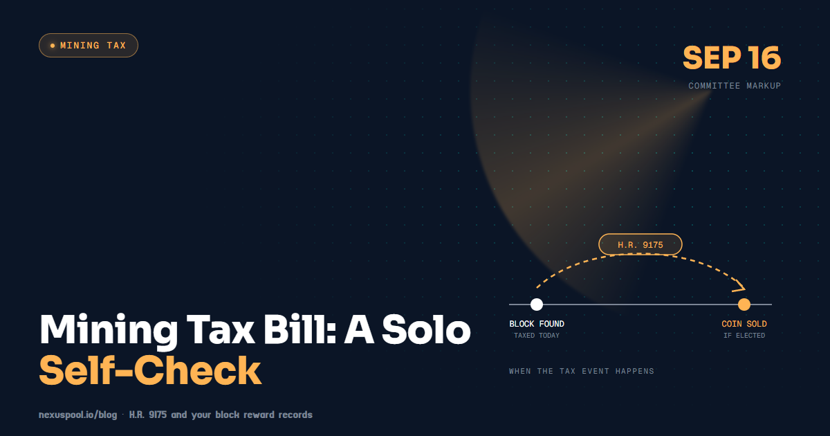 H.R. 9175 timeline: the tax event on a mined block reward moves from block found to coin sold under the deferral election, markup Sept 16