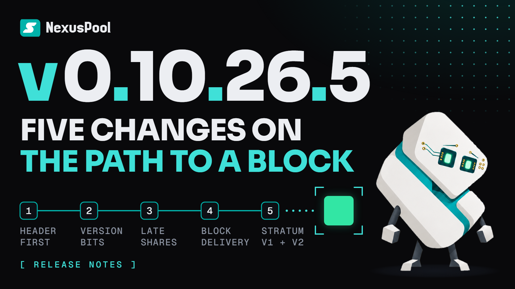 NexusPool v0.10.26.5: five changes on the path to a block. Five numbered stations lead to a highlighted green block, and Tess stands at the right looking out at you.