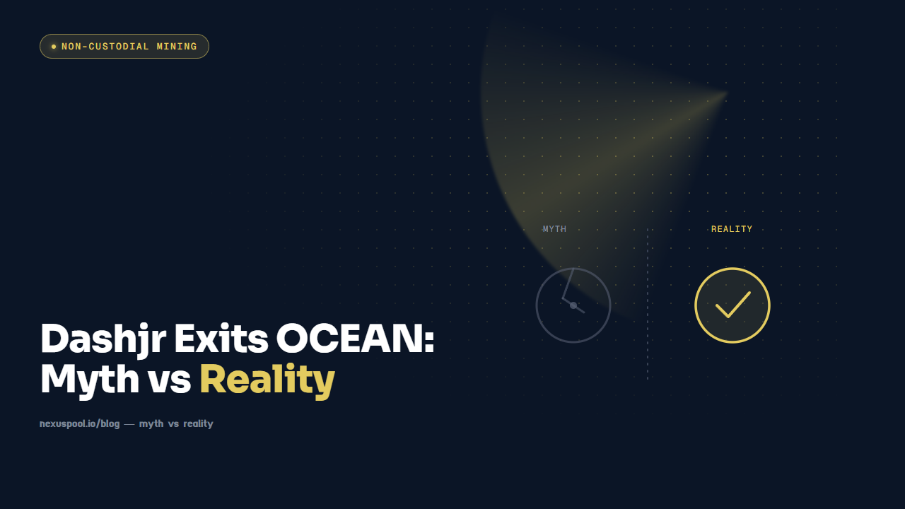 Split myth-vs-reality graphic for the Luke Dashjr OCEAN mining pool departure story