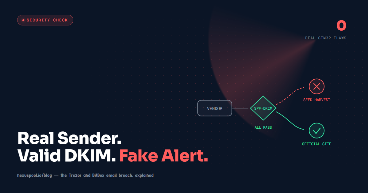 Flow diagram of the Trezor and BitBox phishing route: a breached email vendor clears an SPF and DKIM gate, then forks to a red seed-harvest page and a green official site.