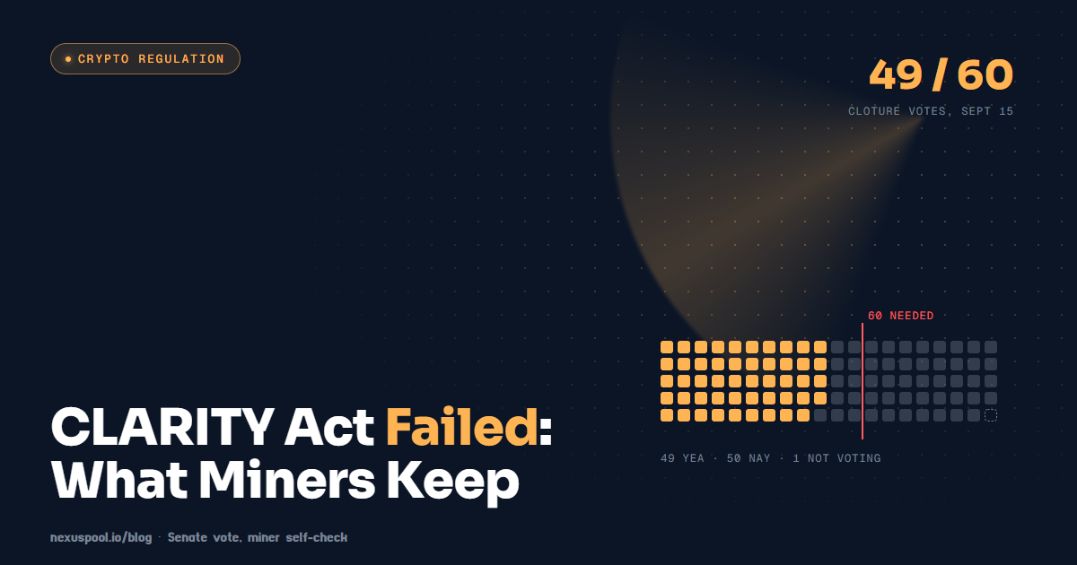 CLARITY Act cloture vote grid: 49 of 100 Senate seats filled in gold, short of the red 60-vote line, for a Bitcoin miner self-check
