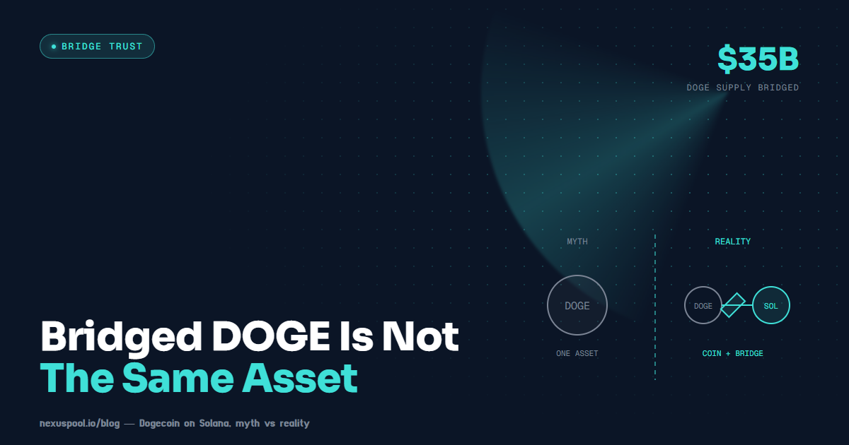 Split comparison showing DOGE as one asset on the myth side and DOGE plus a bridge step to Solana on the reality side, labelled 35 billion dollars of supply bridged.