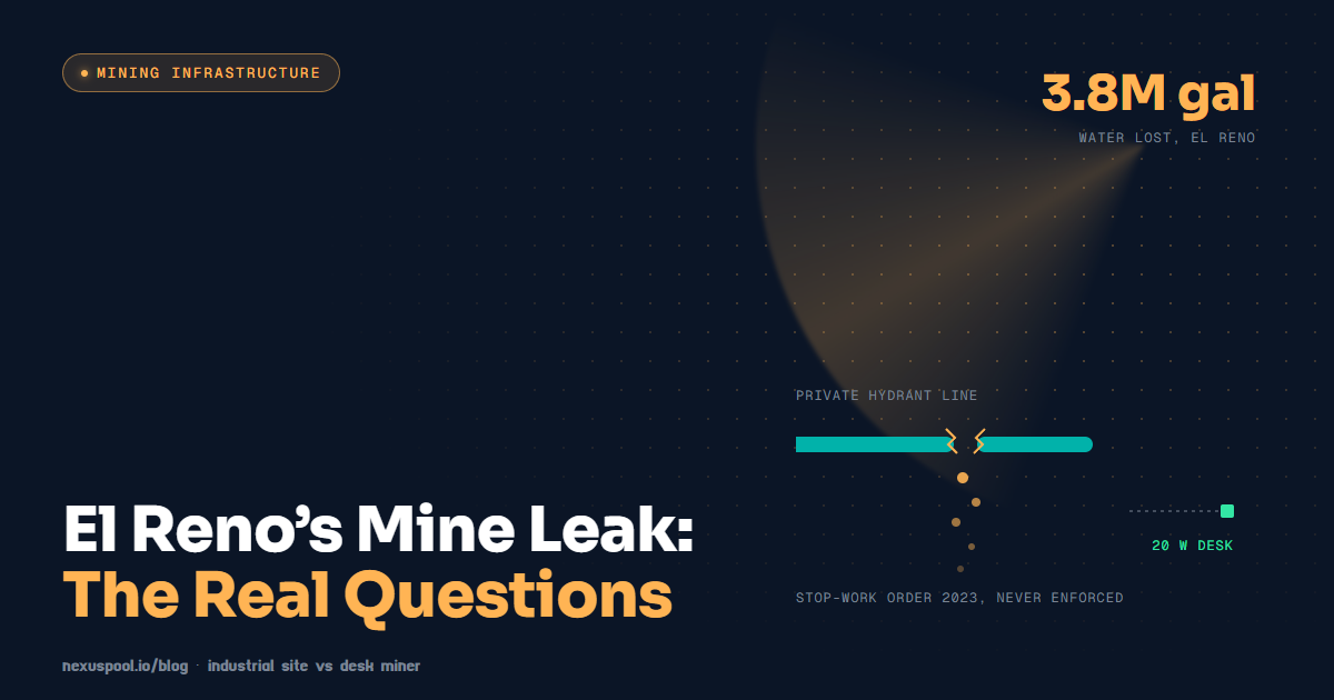 El Reno Bitcoin mine water leak: a broken private hydrant line dripping 3.8 million gallons beside a tiny 20-watt desk miner node