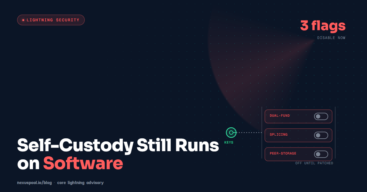 Core Lightning advisory toggles: dual-fund, splicing and peer-storage switched off between a miner's keys and a Lightning channel