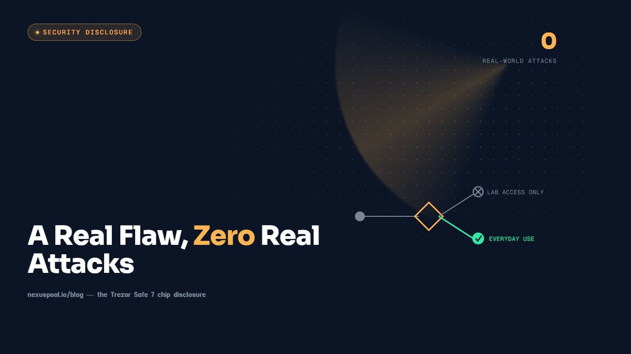 Trezor Safe 7 TROPIC01 chip flaw, lab-only attack path versus everyday use, zero real-world attacks