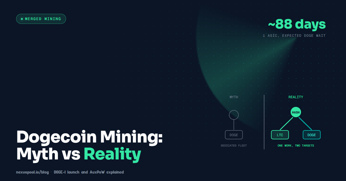 Dogecoin merged mining myth vs reality: one Scrypt hash checked against Litecoin and Dogecoin targets, about 88 days expected wait for one ASIC