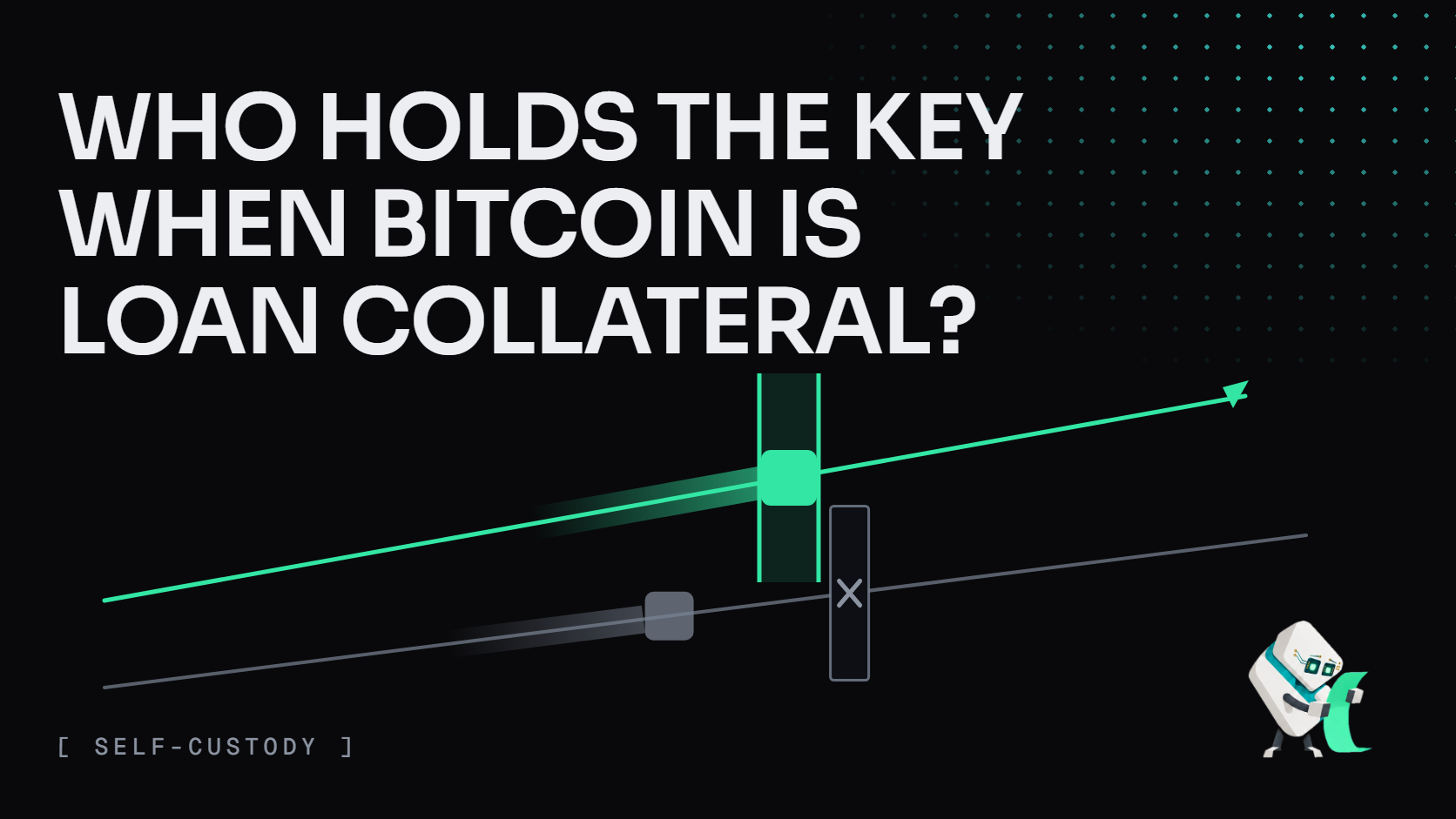 Who holds the key when Bitcoin is loan collateral? A green path passes an open window while a gray one stops at a closed gate. Tess reads a receipt at lower right.
