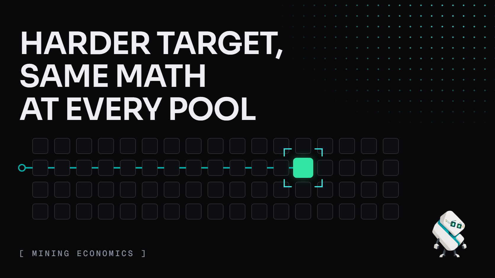 Harder target, same math at every pool: a field of dim cards with one route to a single lit green card, the odds of one hash. Tess stands calm at lower right.