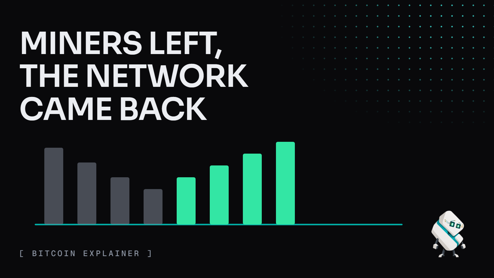 Cover: MINERS LEFT, THE NETWORK CAME BACK. Four gray bars fall, then four green bars climb back up along one teal baseline; Tess watches calmly, lower right.