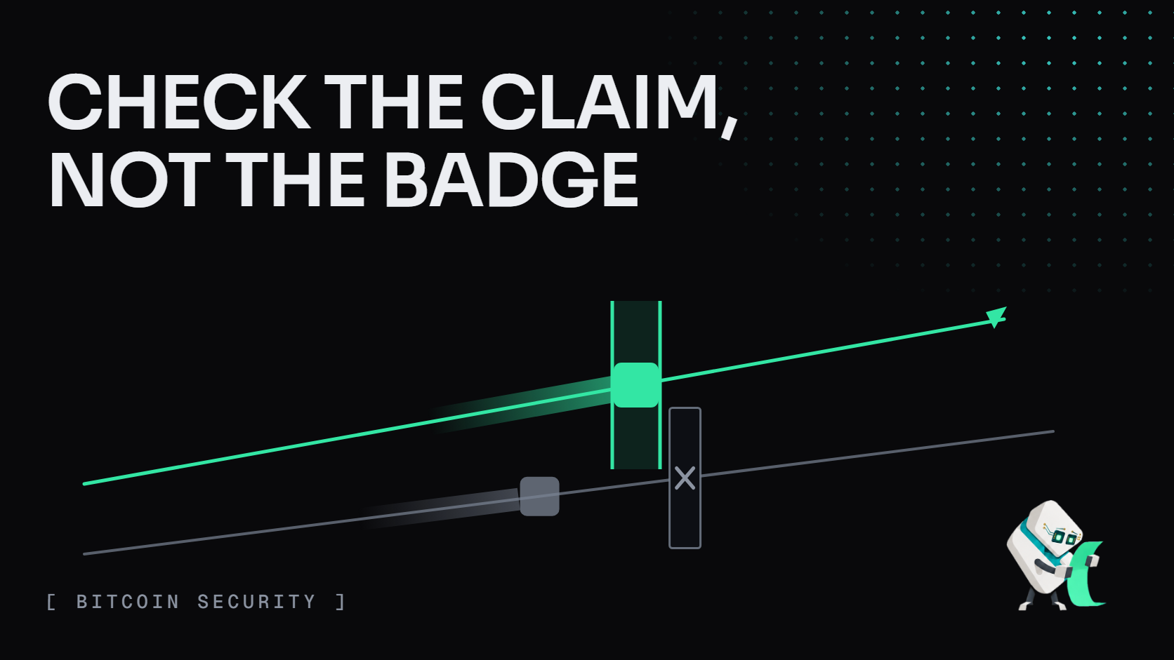 A green claim passes an open window while a gray one stops at a closed gate: check the claim, not the badge. Tess reads a receipt at lower right.