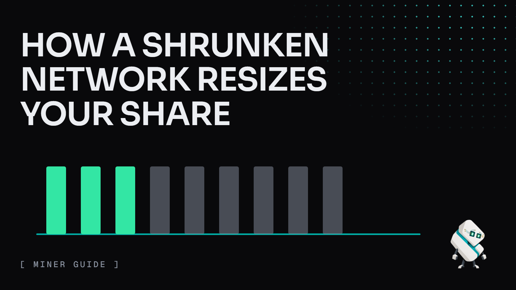 Cover: HOW A SHRUNKEN NETWORK RESIZES YOUR SHARE. Three green bars of machines still running sit beside six gray bars of machines switched off; Tess watches calmly, lower right.
