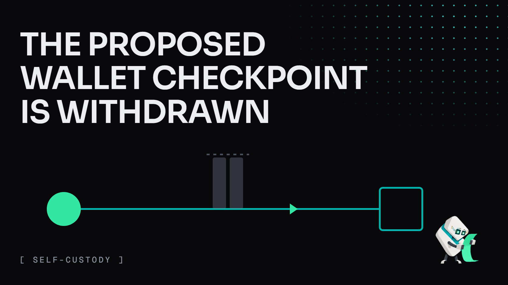 Cover: THE PROPOSED WALLET CHECKPOINT IS WITHDRAWN. A green self-custody wallet routes to an exchange box past a faded gray gate, FinCEN's withdrawn proposal; Tess reads a receipt.