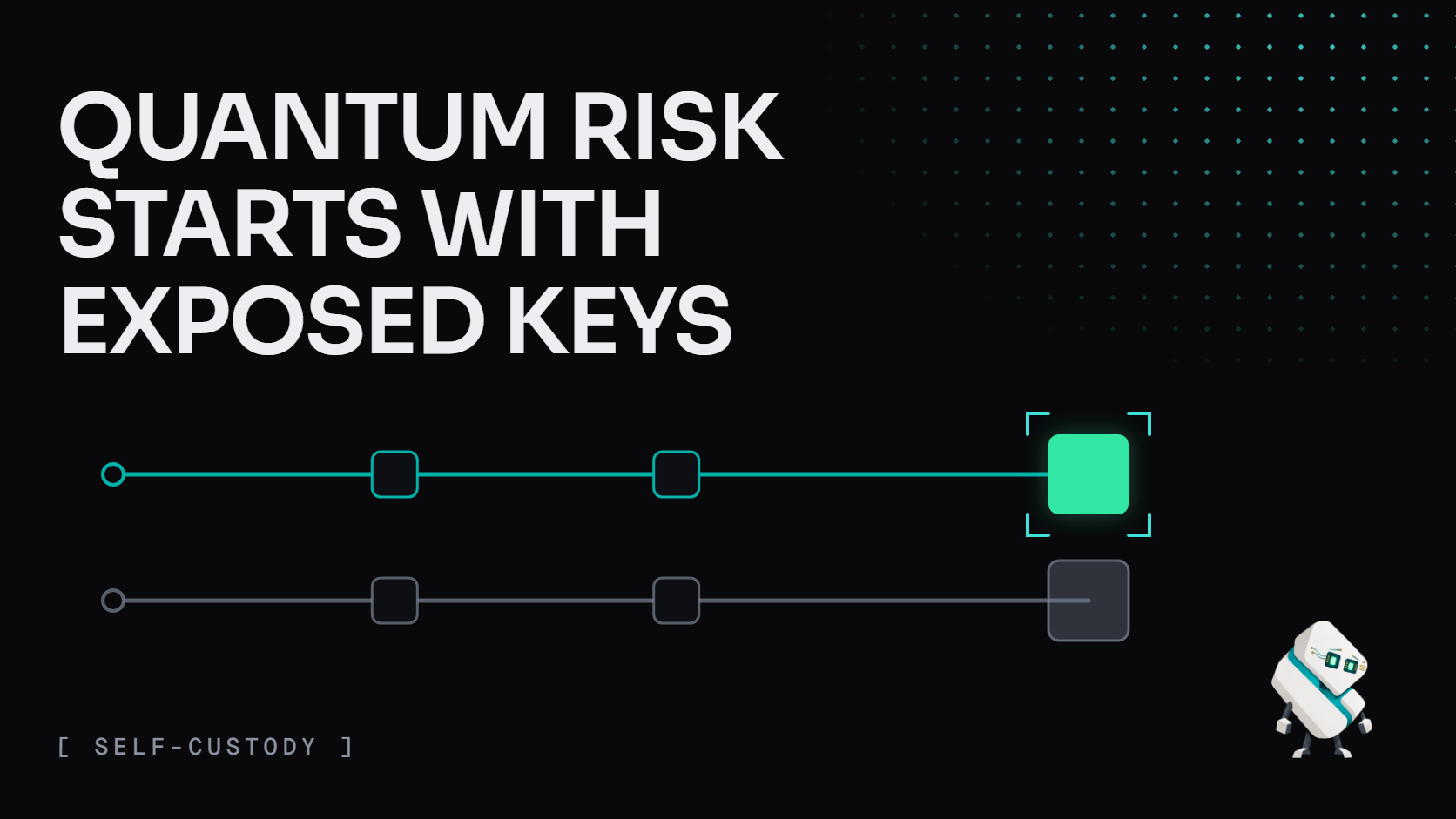 Quantum risk starts with exposed keys: a green lane for an address whose key never hit the chain ends lit, a gray lane for a reused address ends dim. Tess stands calm at lower right.