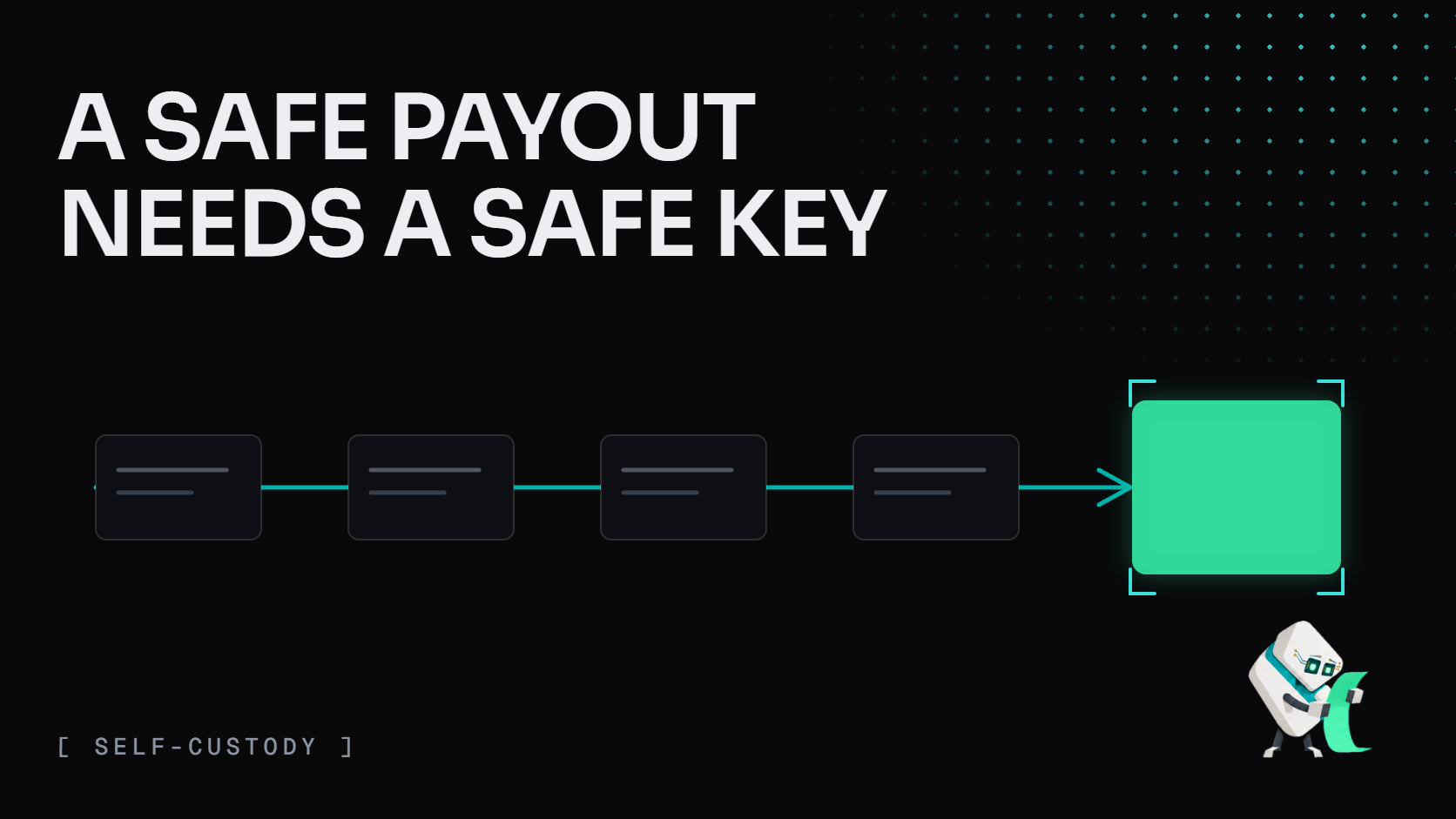 Cards on a route into one green output: a safe payout needs a safe key. Tess reads a receipt at lower right. Cover for the Ledger hack and self-custody post.