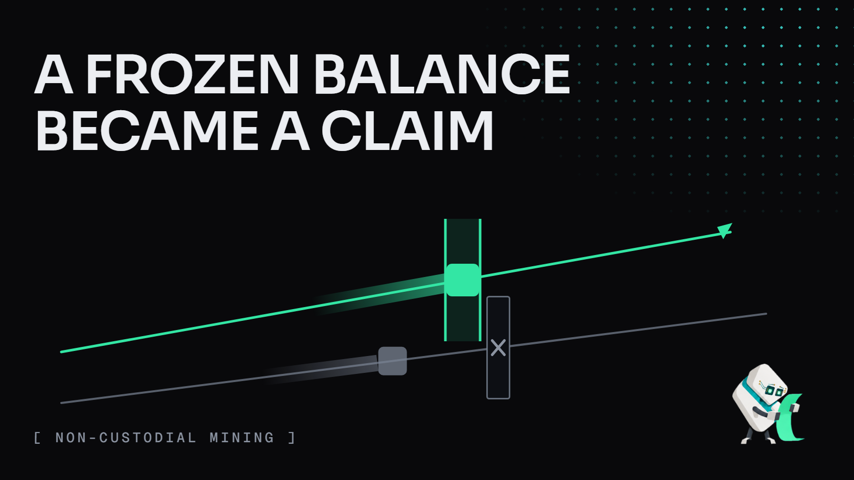 A frozen balance became a claim: a green path runs through an open window while a gray one stops at a closed gate. Tess reads a receipt at lower right.