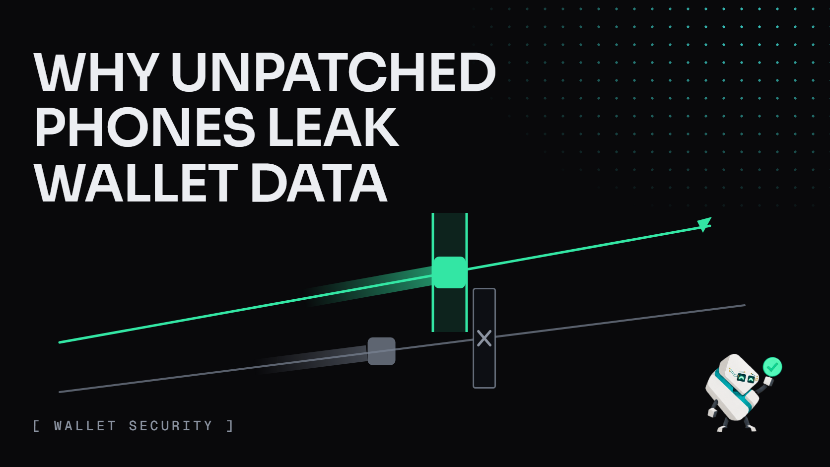 Why unpatched phones leak wallet data: a green path passes an open window while a gray one stops at a closed gate. Tess raises a green check at lower right.